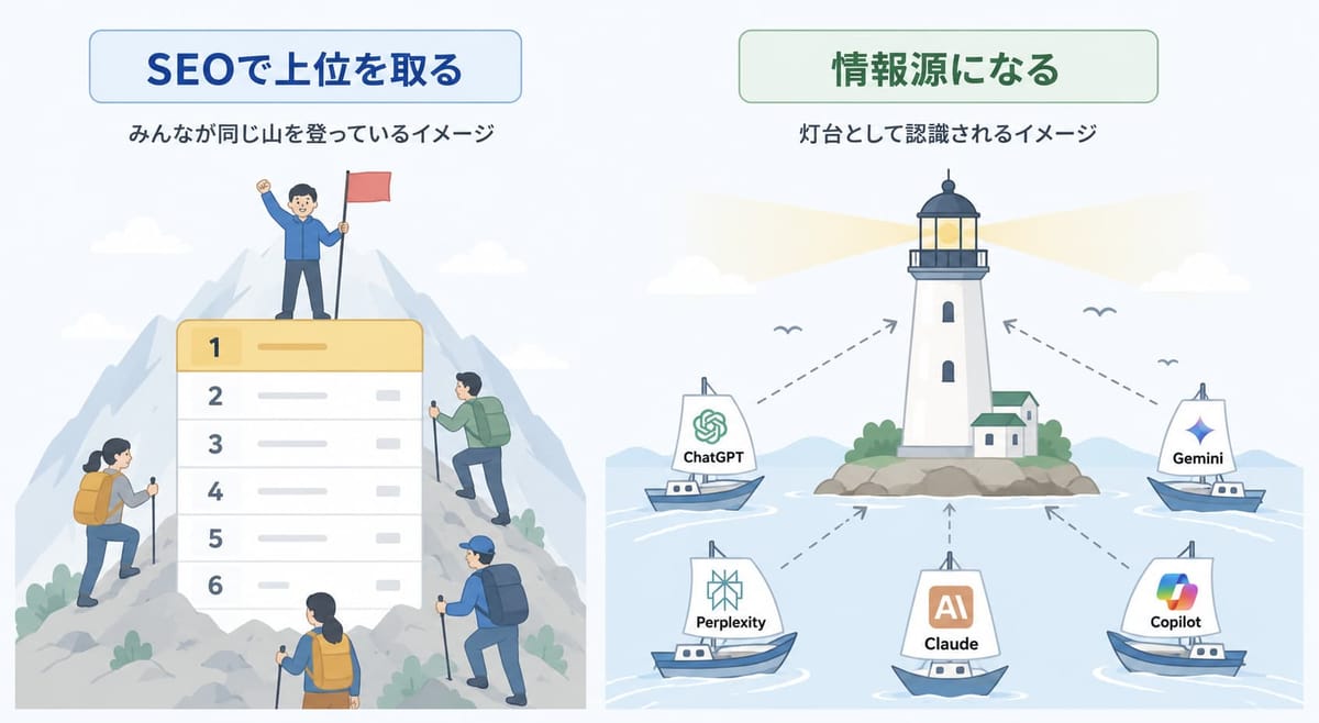 「SEOで上位を取る」は皆が順位表の山を登るイメージ、「情報源になる」はChatGPT・Gemini・Perplexity・Claude・Copilotの船が灯台を目指すイメージとして対比した図
